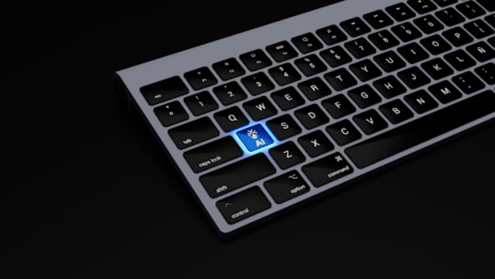 Close-up of a keyboard with a glowing blue AI key.
